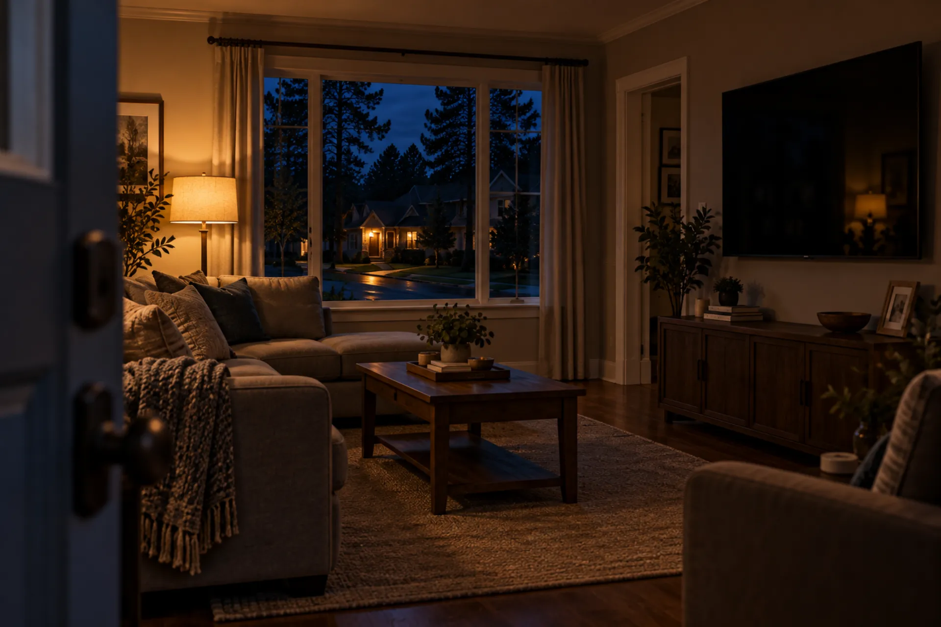 A living room seen from the open front door at dusk, lamp on, the lit street through the window