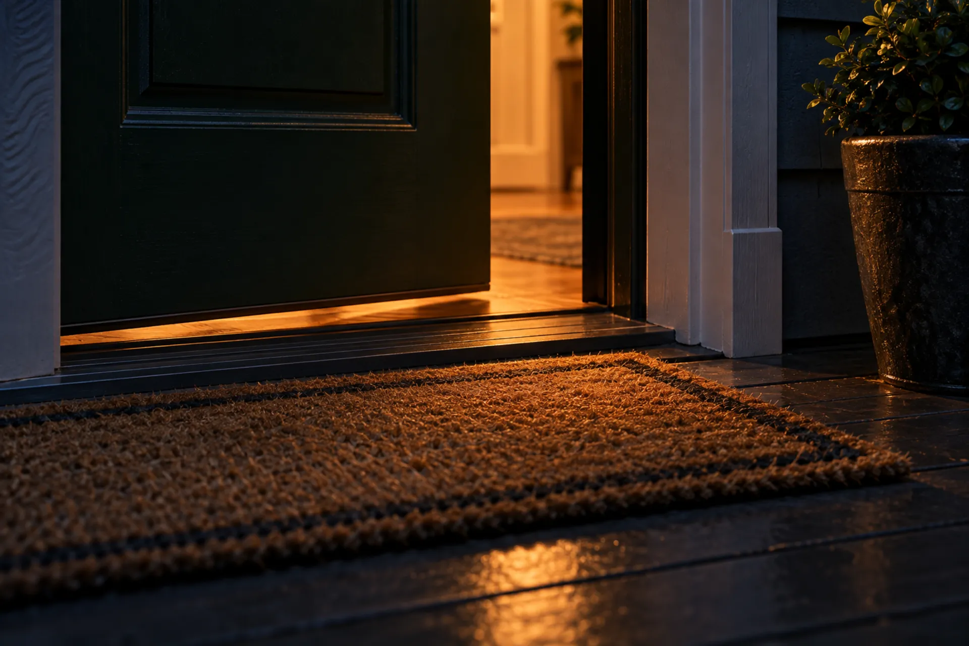 A front door at dusk, open a hand-width, with warm light across the doormat