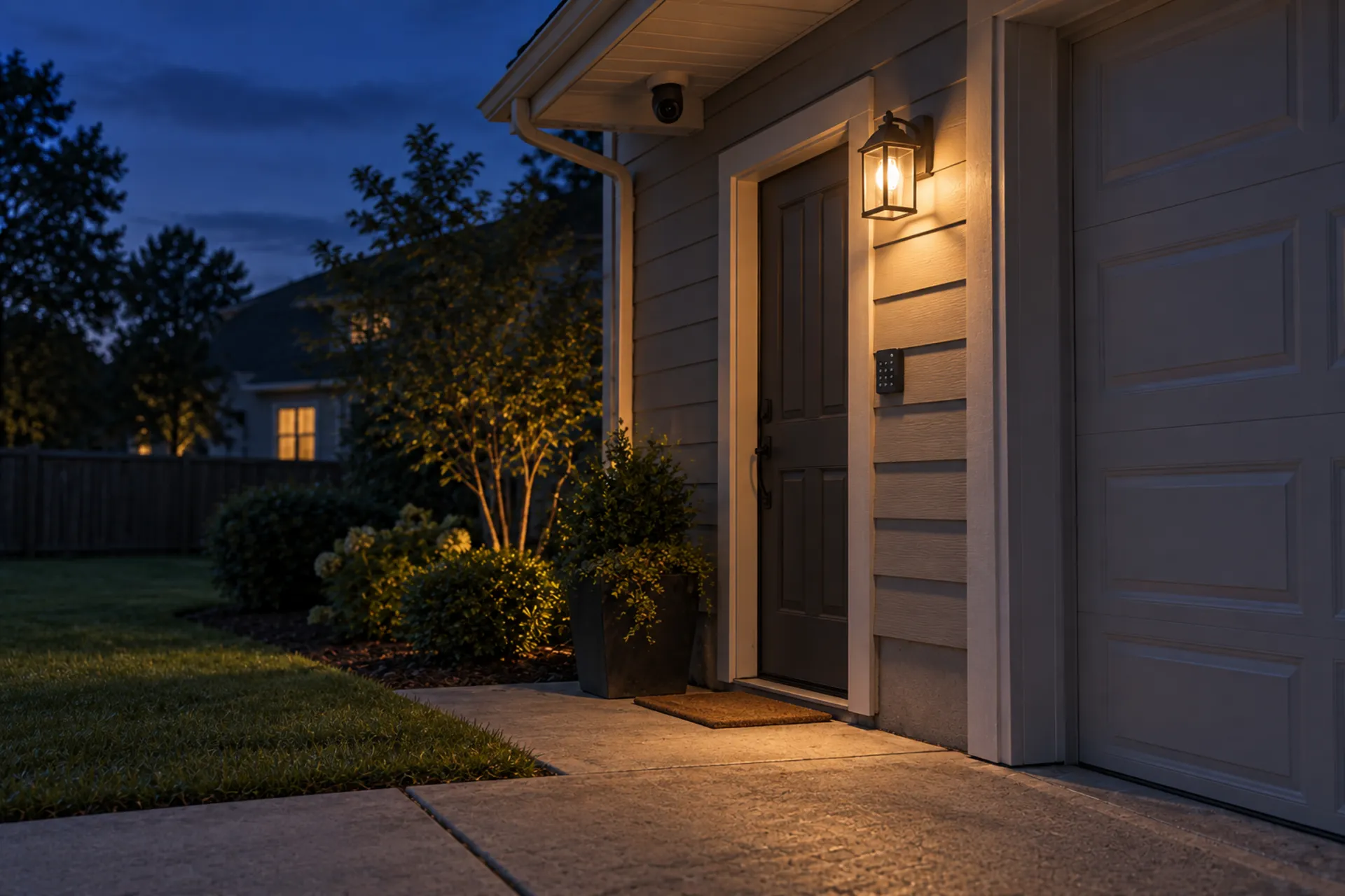 A lit front door at dusk with a keypad and door camera beside it